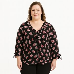Liz Claiborne Black Pink Floral Ruffled Sheer Blouse Plus Size 2X
